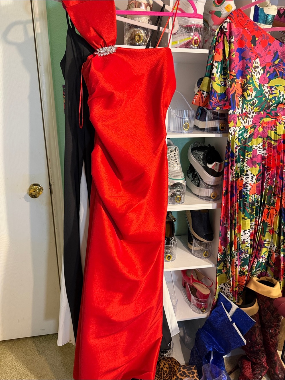 Night Way Collections Red Strapless Satin Evening Gown with Rhinestone Accent